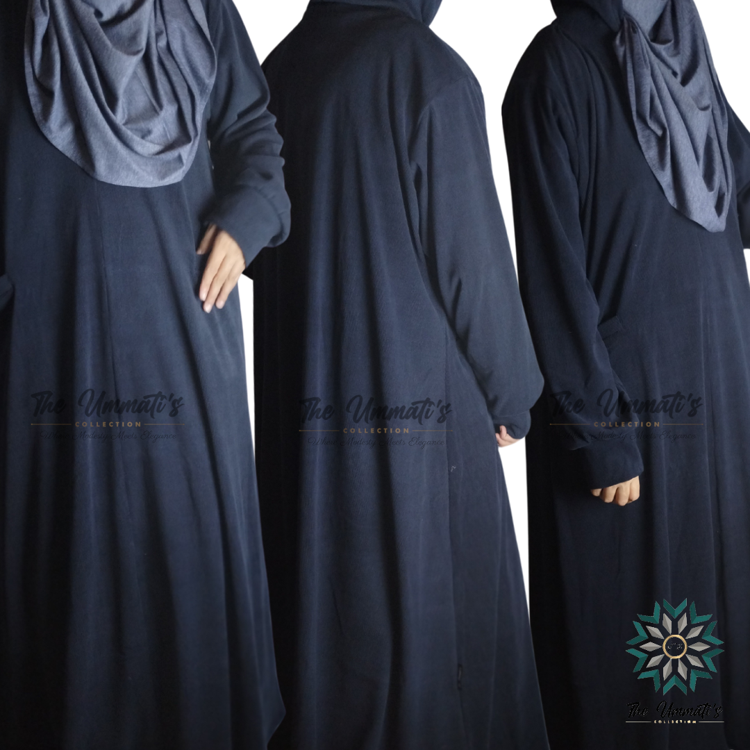 Hooded Corduroy Abaya - Navy Blue