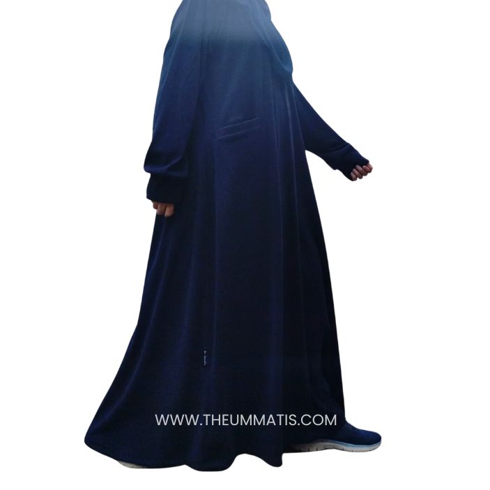 Hooded Corduroy Abaya - Navy Blue