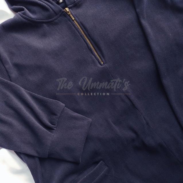 Hooded Corduroy Abaya - Navy Blue