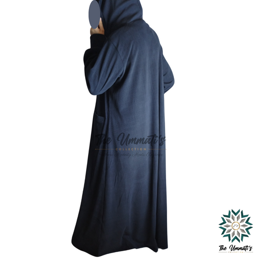 Hooded Corduroy Abaya - Navy Blue