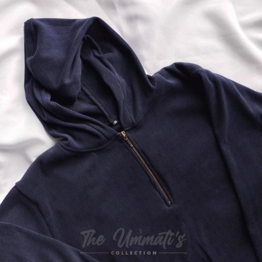 Hooded Corduroy Abaya - Navy Blue