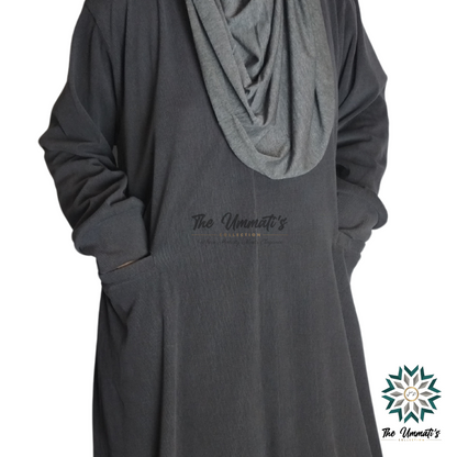 Hooded Corduroy Abaya - Dark Gray